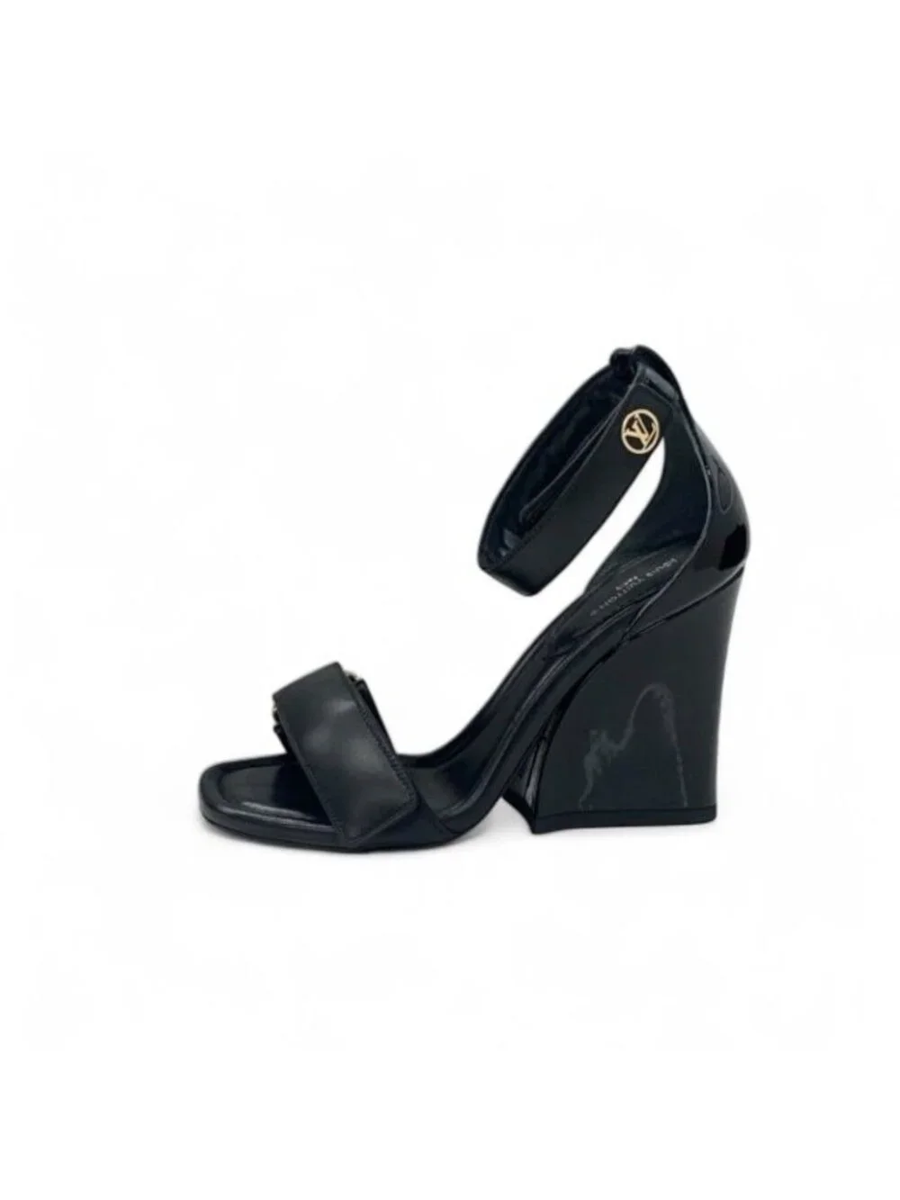 Louis Vuitton Stellar Line Sandals Shoes Leather Patent Black Gold Logo - Picture 3 of 9